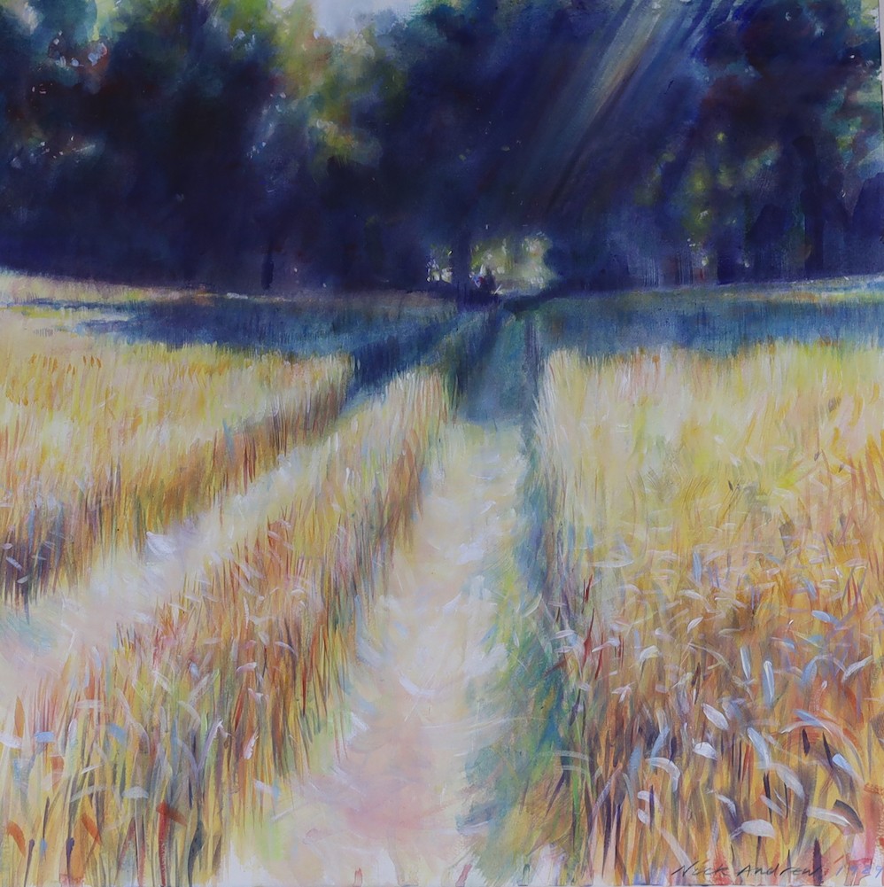 Nick Andrew (b.1957), acrylic on paper, 'Cornfield Font Hill', signed and dated 1989, Unicorn Gallery label verso, 57 x 57cm